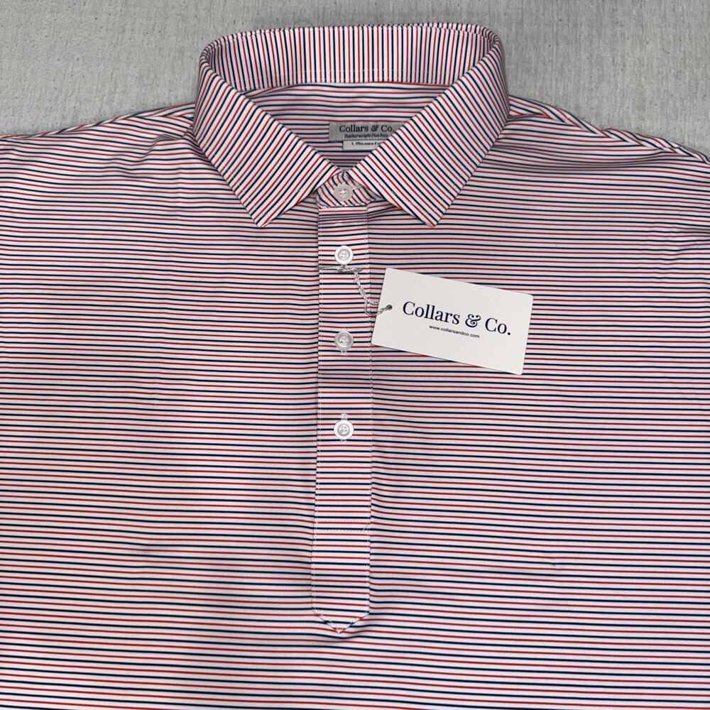 Collars & Co Golf Semi Spread Collar Polo Blue Red Featherweight Flex Large NWT